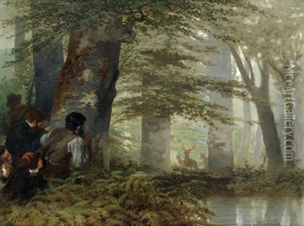 Waldlandschaft Mit Jagern Und Einem Hirschrudel Oil Painting - Charles Soubre