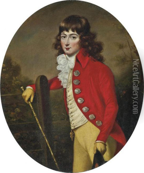 Portrait Of A Gentleman, Three-quarter-length, In A Scarlet Coat And Yellow Breeches, A Cane In His Right Hand, A Hat In His Left, In A Landscape Oil Painting - John Russell