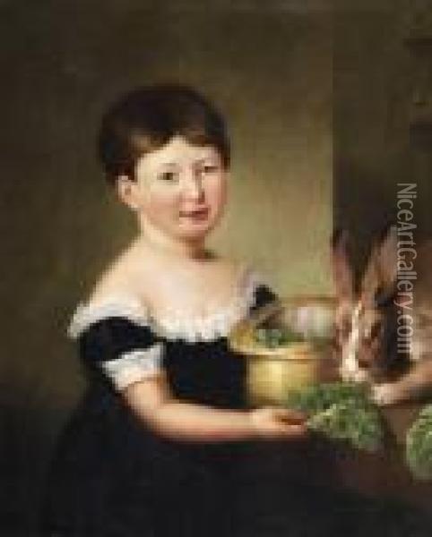 George Henry Harlow . Child And Rabbit Oil Painting - George Henry Harlow