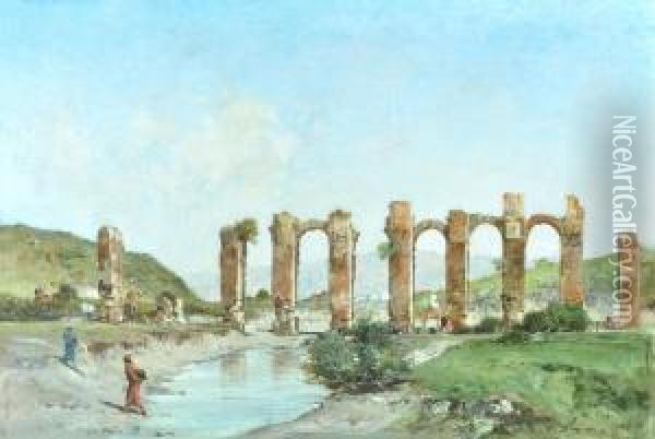 Paisaje Animado. Ruinas De Acueducto Oil Painting - Victor Pierre Huguet