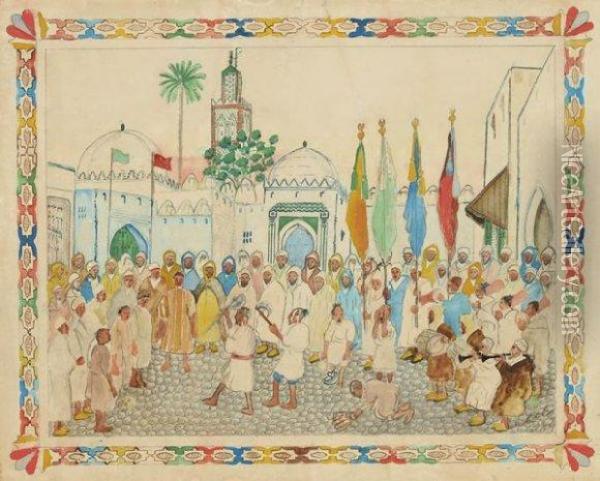 Adeptes De La Confrerie Des 
Hmadcha, Tanger Oil Painting - Mohamed Ben Ali Rbati