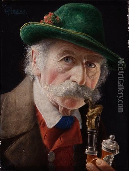 Portrait Of An Old Man With Pipe; Portrait Ofan Old Woman, Signed, A Pair Of Oils On Panel Oil Painting - Christian Heuser