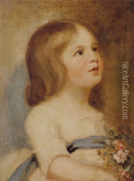 Portrait Of Miss Charlotte Horsley Wearing A White Dress And Holding Flowers Oil Painting - George Romney
