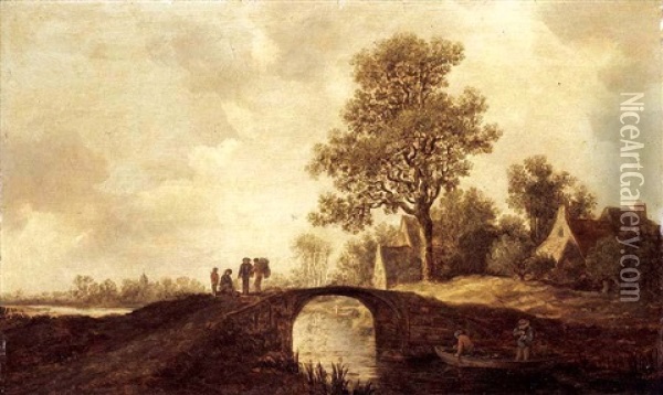 A River Landscape With Boors Beside A Bridge, A Village Beyond Oil Painting - Pieter de Neyn