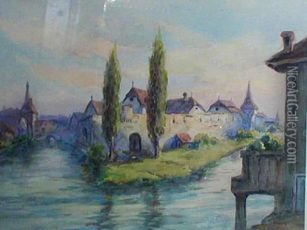 Charles Louis, Village Fortifie Sur Un Bras De Riviere Oil Painting - Eugene Burnand