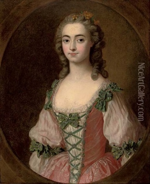 Portrait Of A Lady In A Pink Dress With Green Ribbons Oil Painting - Charles Amedee Philippe van Loo