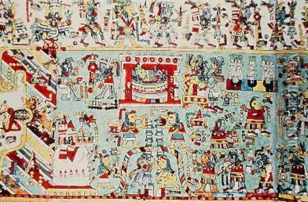 Wedding of Woman Three-Flint to Twelve-Wind illumination from a Mexican painted book Oil Painting - Mixtec