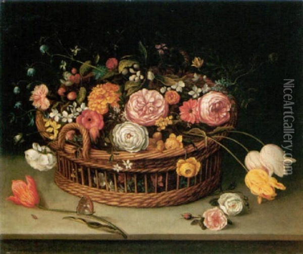Still Life Of Roses, Tulips, Bluebells And Carnations In A Wicker Basket With A Butterfly, All Resting Upon A Stone Ledge Oil Painting - Jan Brueghel the Elder