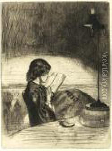 Reading By Lamplight (k. 32) Oil Painting - James Abbott McNeill Whistler
