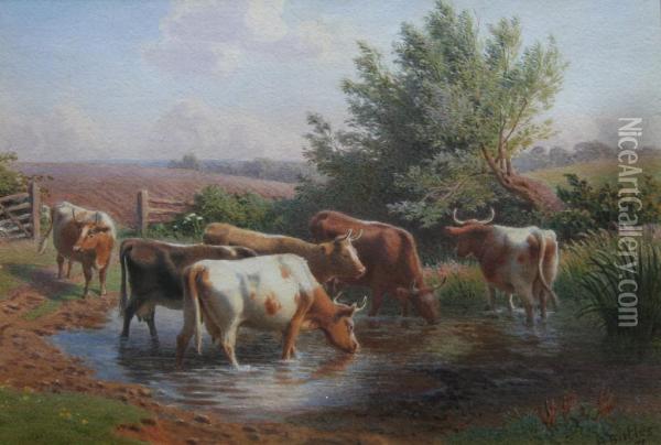 Cattle At A Country Pool Oil Painting - Henry Birtles