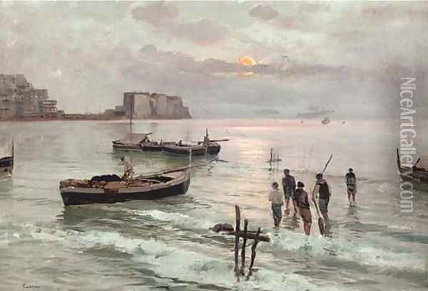 Italian fishermen at dusk Oil Painting - Raimondo Scoppa