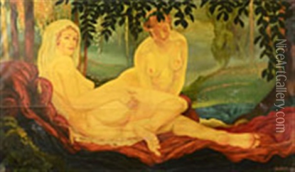 Nudes In A Landscape Oil Painting - Jakub Obrovsky