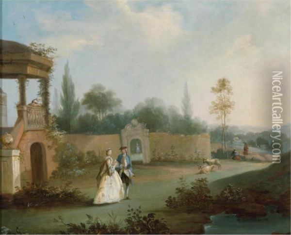 Elegant Figures Strolling In A Park Oil Painting - Anthony Highmore