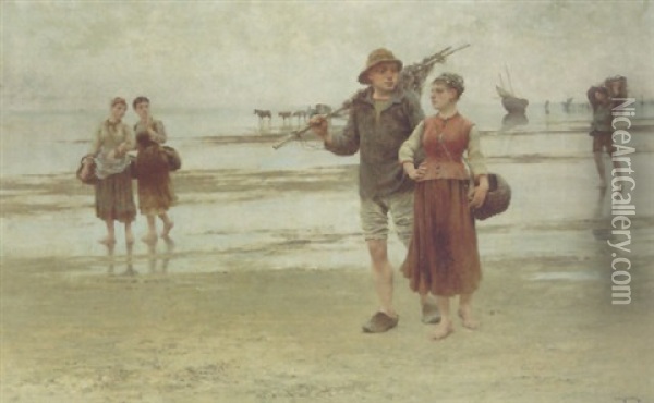 Fisherfolk On The Beach Oil Painting - August Vilhelm Nikolaus Hagborg