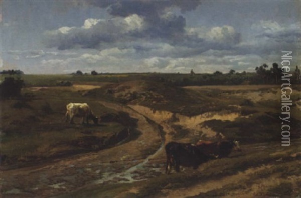 Cattle Grazing By A Sandy Track In Summer Near Genck Oil Painting - Jean Francois Xavier Roffiaen