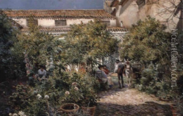 A Courtyard Scene In Seville Oil Painting - Manuel Garcia y Rodriguez