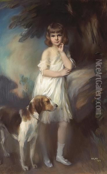 A Portrait Of Gloria Gould, Full-length, In Awhite Dress With Her Dog By Her Side Oil Painting - Artur Lajos Halmi