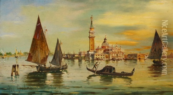 Venedig, Blick Auf Isola Di San Gorgio Maggiore Mit Reicher Schiffsstaffage Oil Painting - Marco Grubas