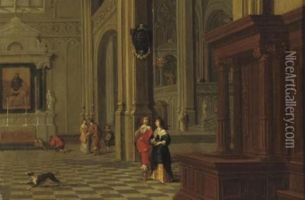 The Interior Of A Church With Elegant Figures Oil Painting - Gerrit Houckgeest