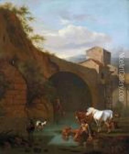 Cavalieri In Sosta E Bestiame Accanto A Un Ponte Nella Campagnaromana Oil Painting - Jan Miel