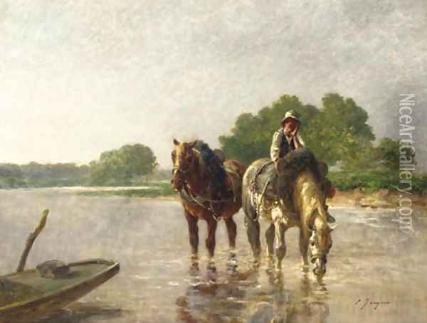 Working horses pausing for a drink in a river Oil Painting - Charles Emile Jacques