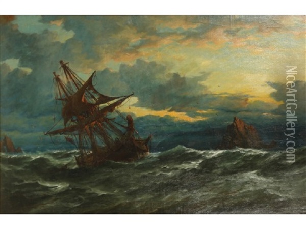 Morning After Gale - A Study Of A Ship Abandoned After A Stormy Night Oil Painting - Richard Henry Nibbs