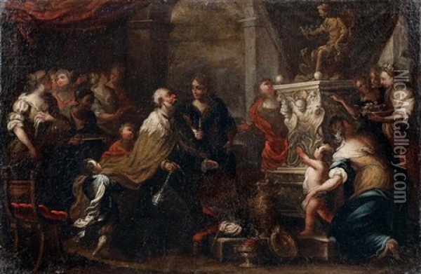 Salomon Sacrifiant Aux Idoles, Moise Sauve Des Eaux (pair) Oil Painting - Bartolomeo Biscaino