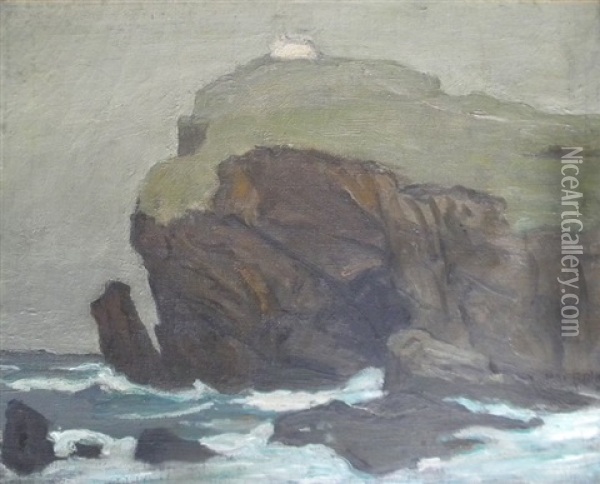 Untitled Lighthouse On Rocky Cliff Oil Painting - Max Bohm