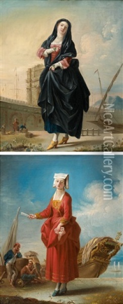 La Frascatane, La Venitienne (pair) Oil Painting - Jean Barbault