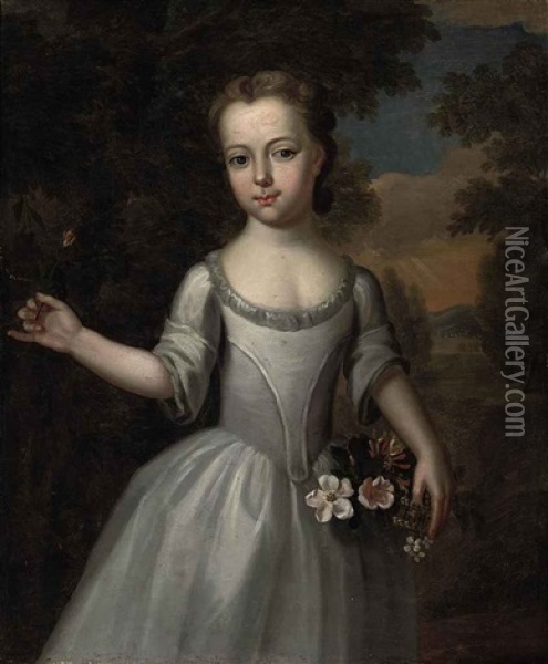 Portrait Of A Young Girl In A Grey Dress With A Basket Of Flowers In A Landscape Oil Painting - Thomas Bardwell