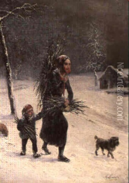 Reisigsammlerin Mit Kind Und Hund In Winterlandschaft Oil Painting - Louis-Claude Malbranche