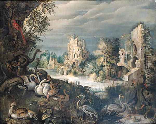 Ducks, swans, a guinea-fowl, a heron, ostriches, a parrot and other birds on a river bank Oil Painting - Roelant Savery
