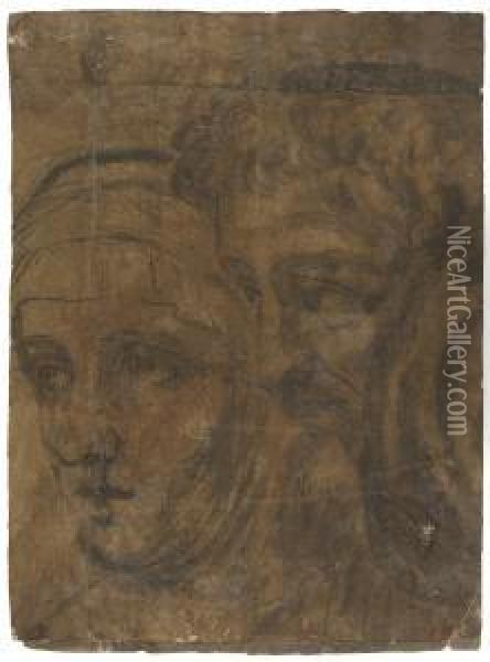Cartoon With A Male And Female Head Facing Left Oil Painting - Baldassare Peruzzi
