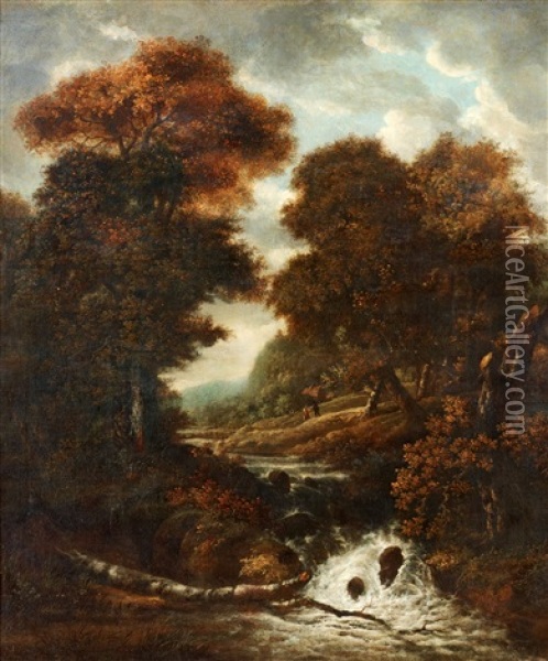 Landskap Med Vandrande Figurer Vid En Fors Oil Painting - Jacob Van Ruisdael