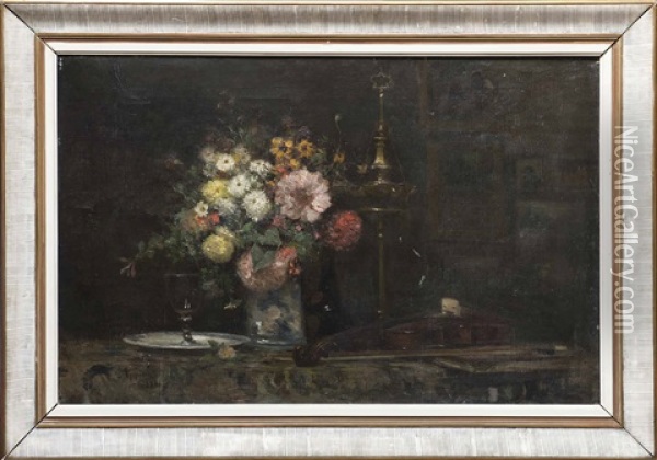 Nature Morte Au Violon Et Au Vase Fleuri Oil Painting - Adolphe Appian