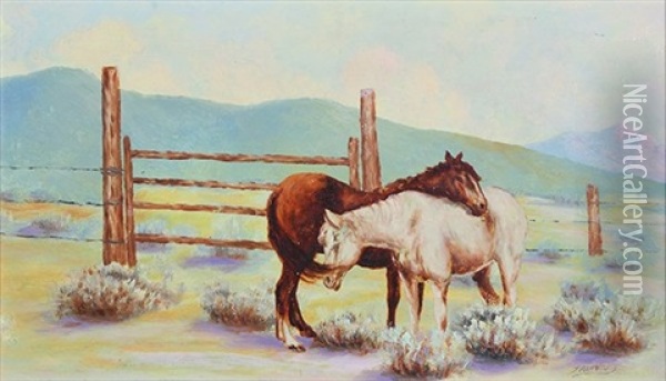 Two Horses In A Sage Corral Oil Painting - Benoni Irwin