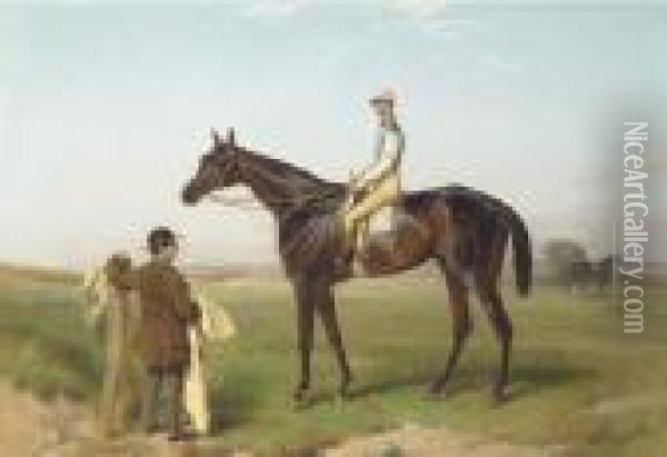 Fisherman With Jockey Up Attended By A Groom On A Race Course Oil Painting - Harry Hall