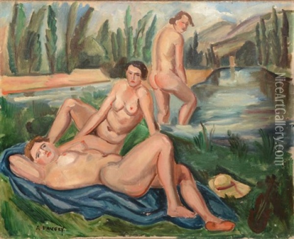 Trois Baigneuses A La Campagne Oil Painting - Andre Favory