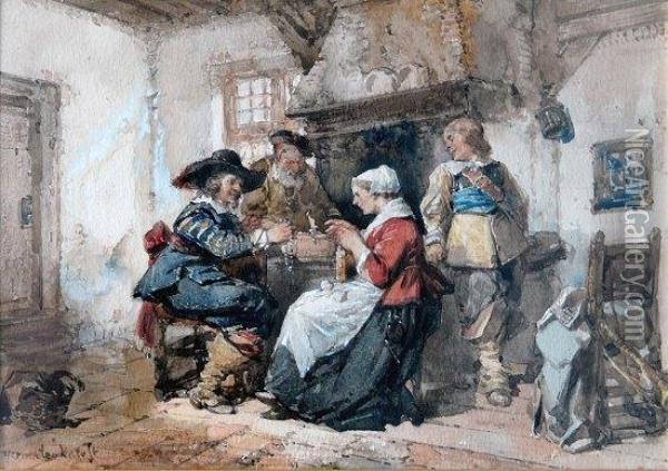 Two Interior Scenes, The First 
With The Jewellery Trader With Solider And His Wife; The Second With 
Tavern Scene With Soldier And Figures Playing Cards Oil Painting - Herman Frederik Carel ten Kate