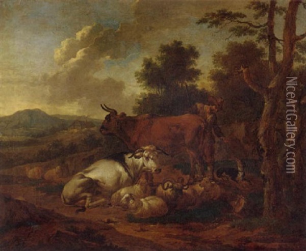 A Landscape With A Herder And His Dog Tending To His Animals Oil Painting - Joseph Roos