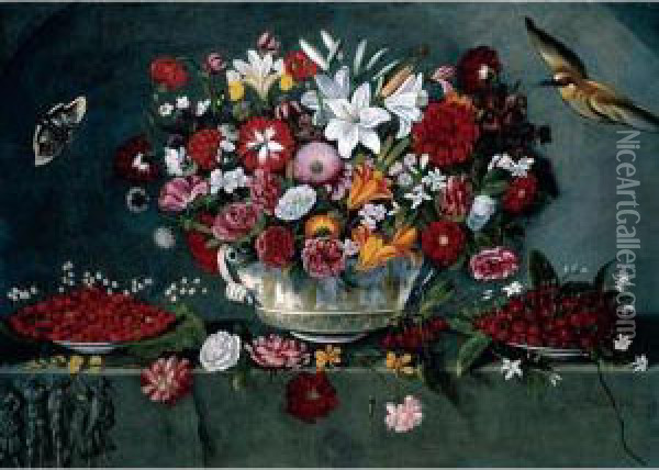 Still Life Of Flowers In A Ceramic Pot, Flanked By A Plate Of Cherries And A Plate Of Wild Strawberries, Together With Various Blooms, All Arranged Upon A Stone Relief, With A Bird And Butterfly Oil Painting - Giovanni Quinsa