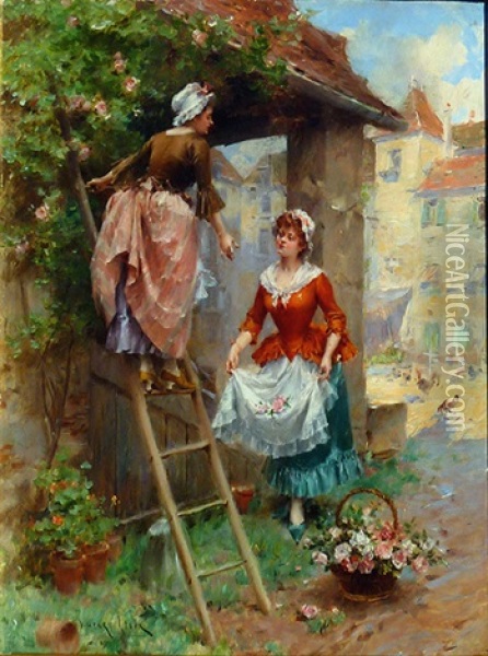Picking Flowers For The Market Oil Painting - Henri Victor Lesur