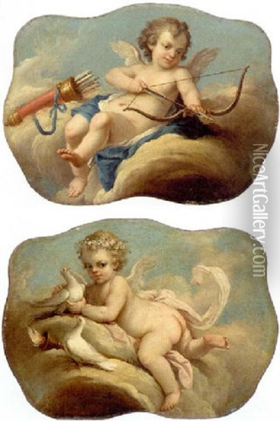 Cupid Seated On A Cloud Holding A Bow And Arrow Oil Painting - Pierre Jollain