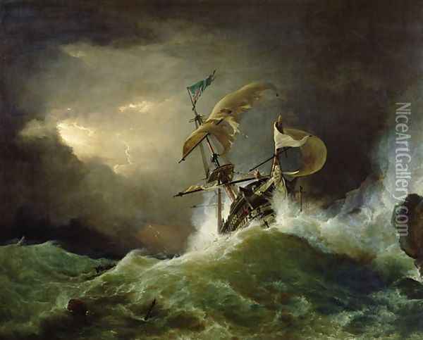 A First rate Man-of-War driven onto a reef of rocks, floundering in a gale Oil Painting - George Philip Reinagle