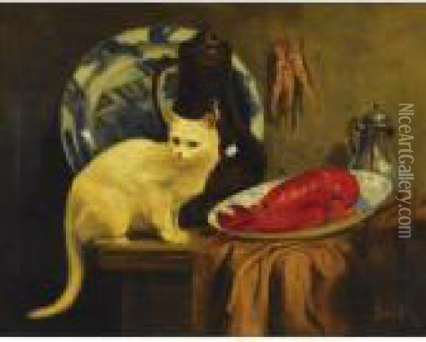 Still Life With Cat And Lobster Oil Painting - John Henry Dolph
