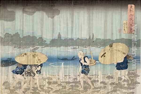 Shower on the Banks of the Sumida River at Ommaya Embankment in Edo Oil Painting - Utagawa Kuniyoshi