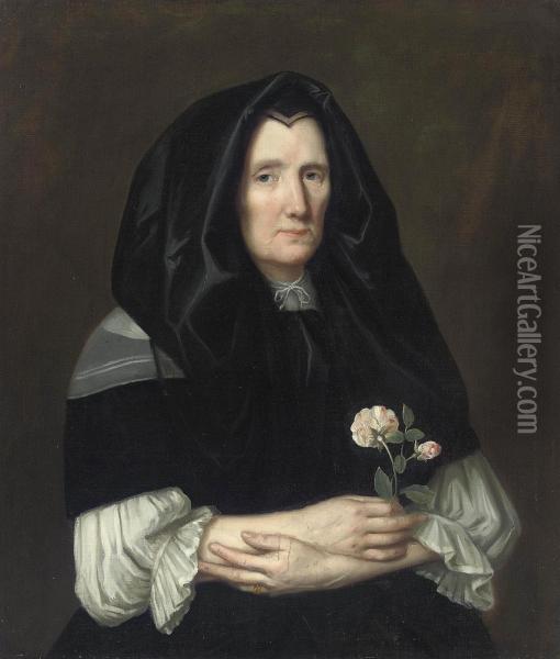 Portrait Of A Lady, Half-length, In A Black Mantle, With Roses In Her Right Hand Oil Painting - Philippe de Champaigne
