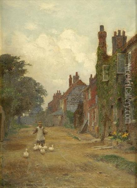 Winchelsea, Sussex, A Young Girl With Geese Oil Painting - William Teulon Blandford Fletcher