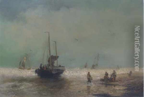 Fishing Boats Coming Ashore Oil Painting - Hermann Herzog