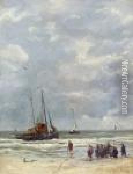 Kustenpartie Mit Fischerfrauen Und Schiffen. Oil Painting - Hendrik Willem Mesdag